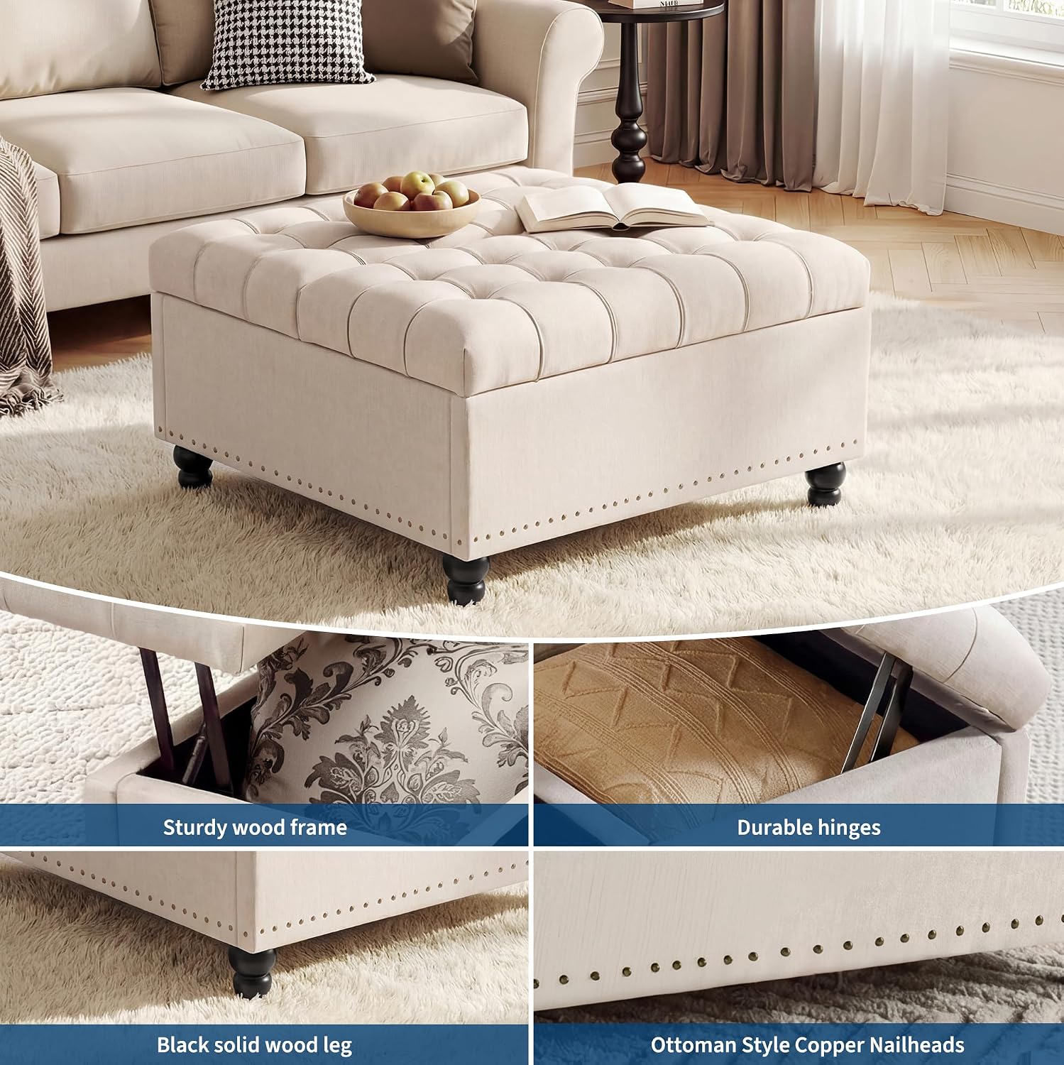 Beige Tufted Storage Ottoman Bench