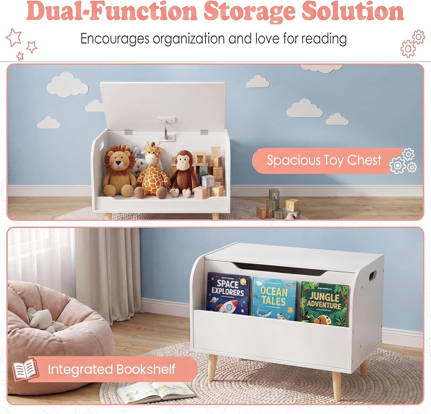White Kids Toy Chest with Bookshelf