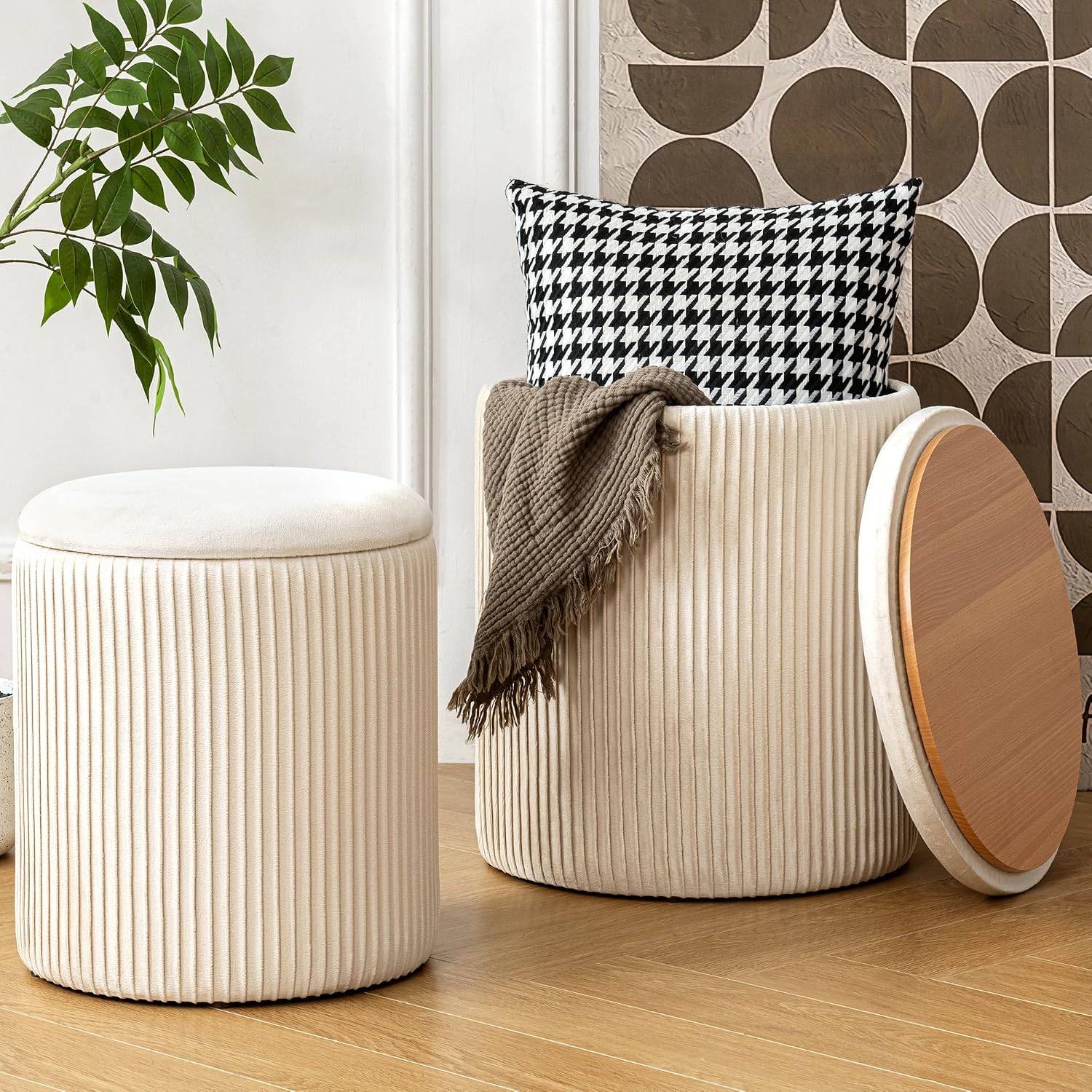 Beige Velvet 2-Pack Round Storage Ottomans
