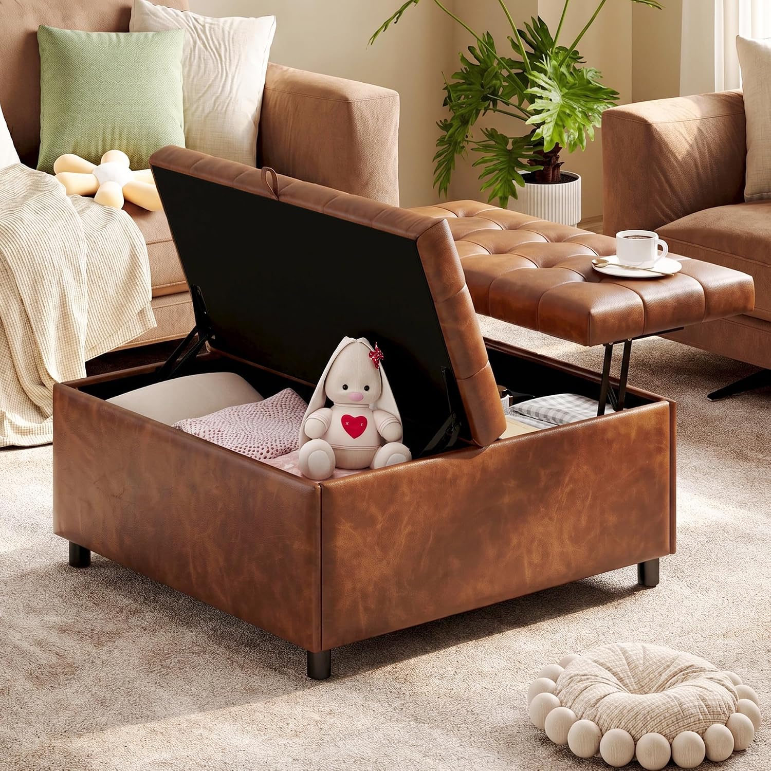 Brown Leather Storage Ottoman Bench
