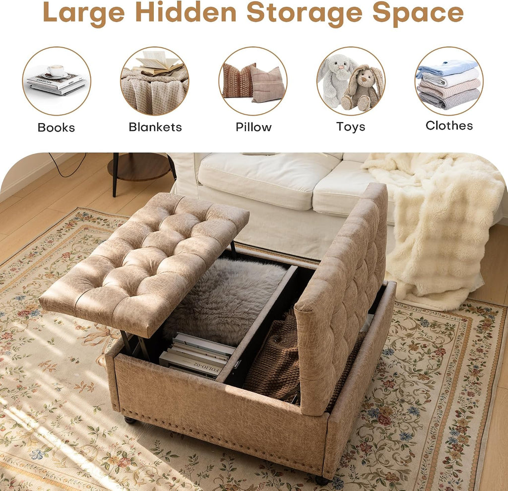 Champagne Leather Storage Ottoman