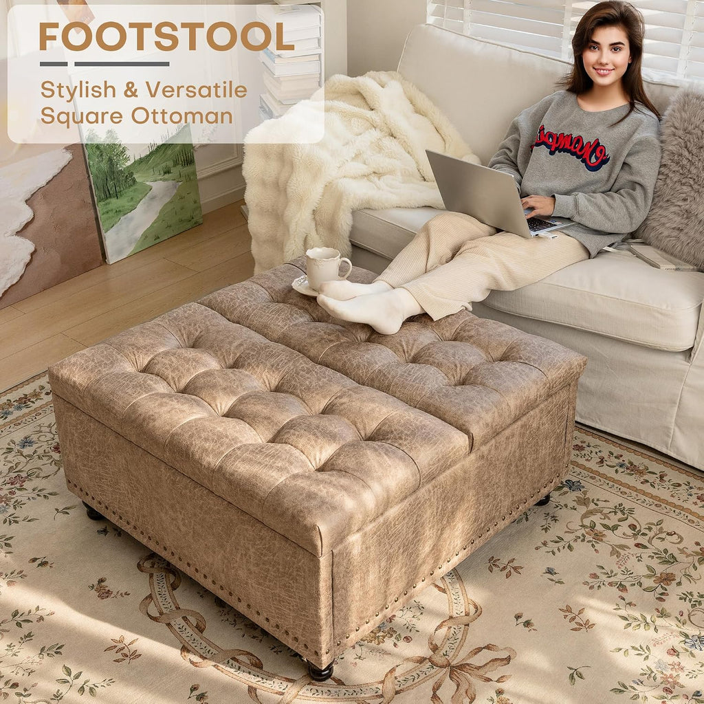 Champagne Leather Storage Ottoman