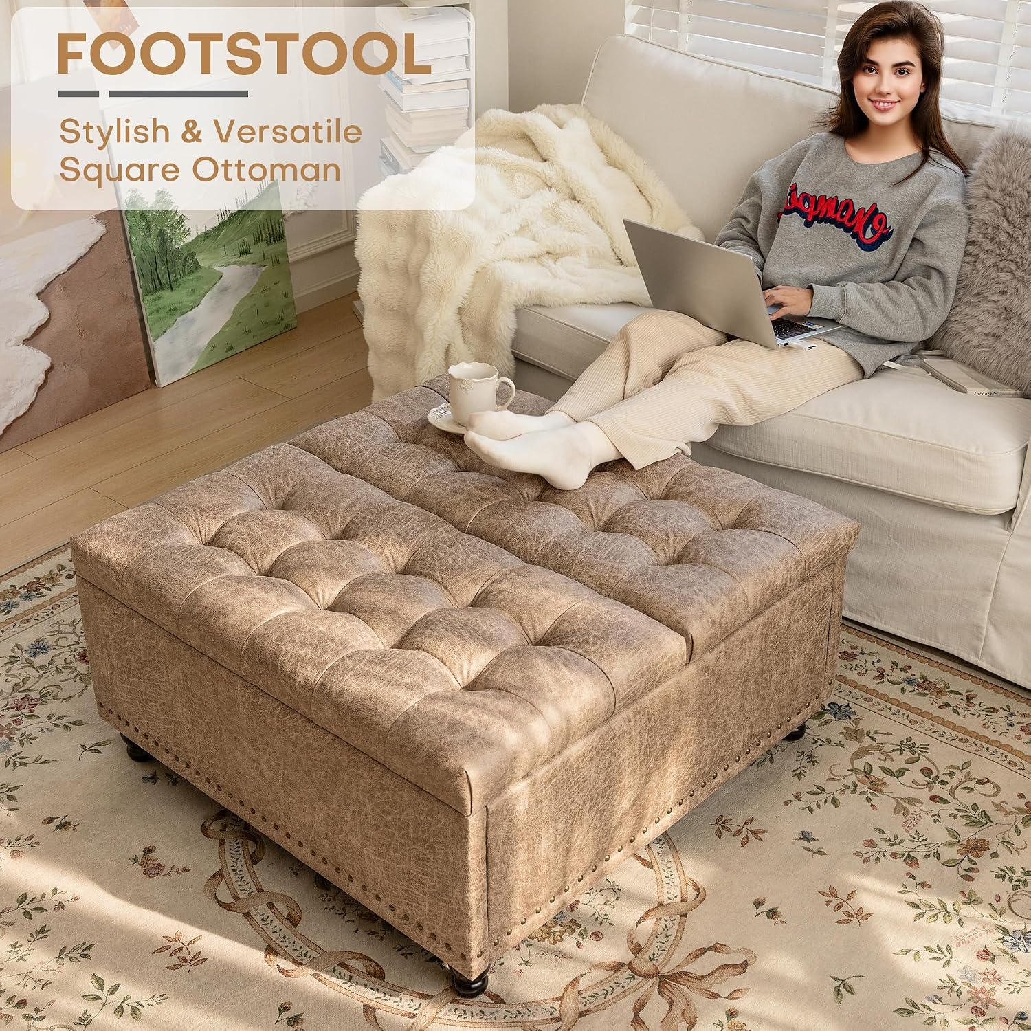 Champagne Leather Storage Ottoman