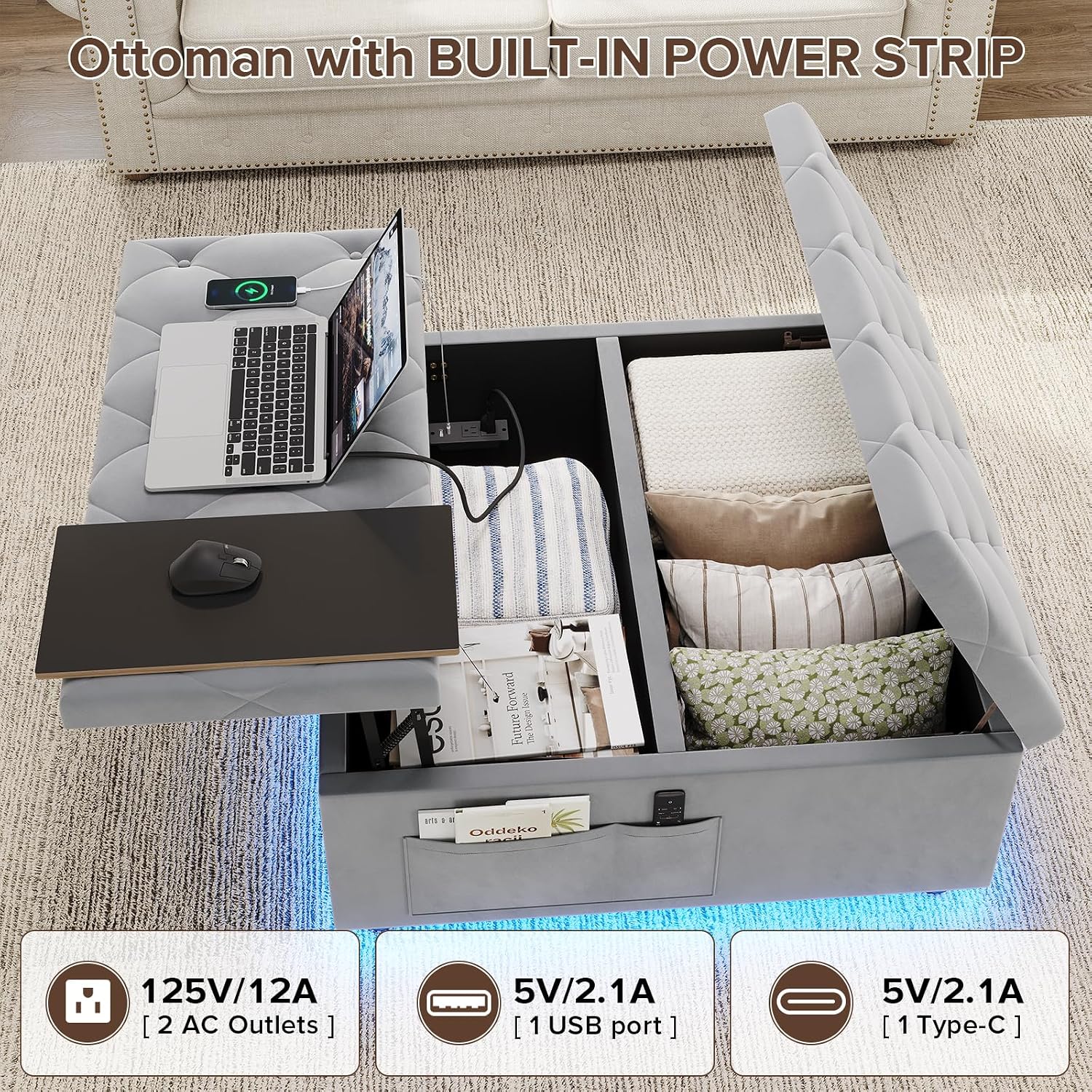 Gray Velvet Charging Ottoman