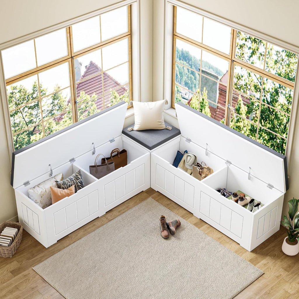 White Grey Flip-Top L-Shaped Storage Nook Bench