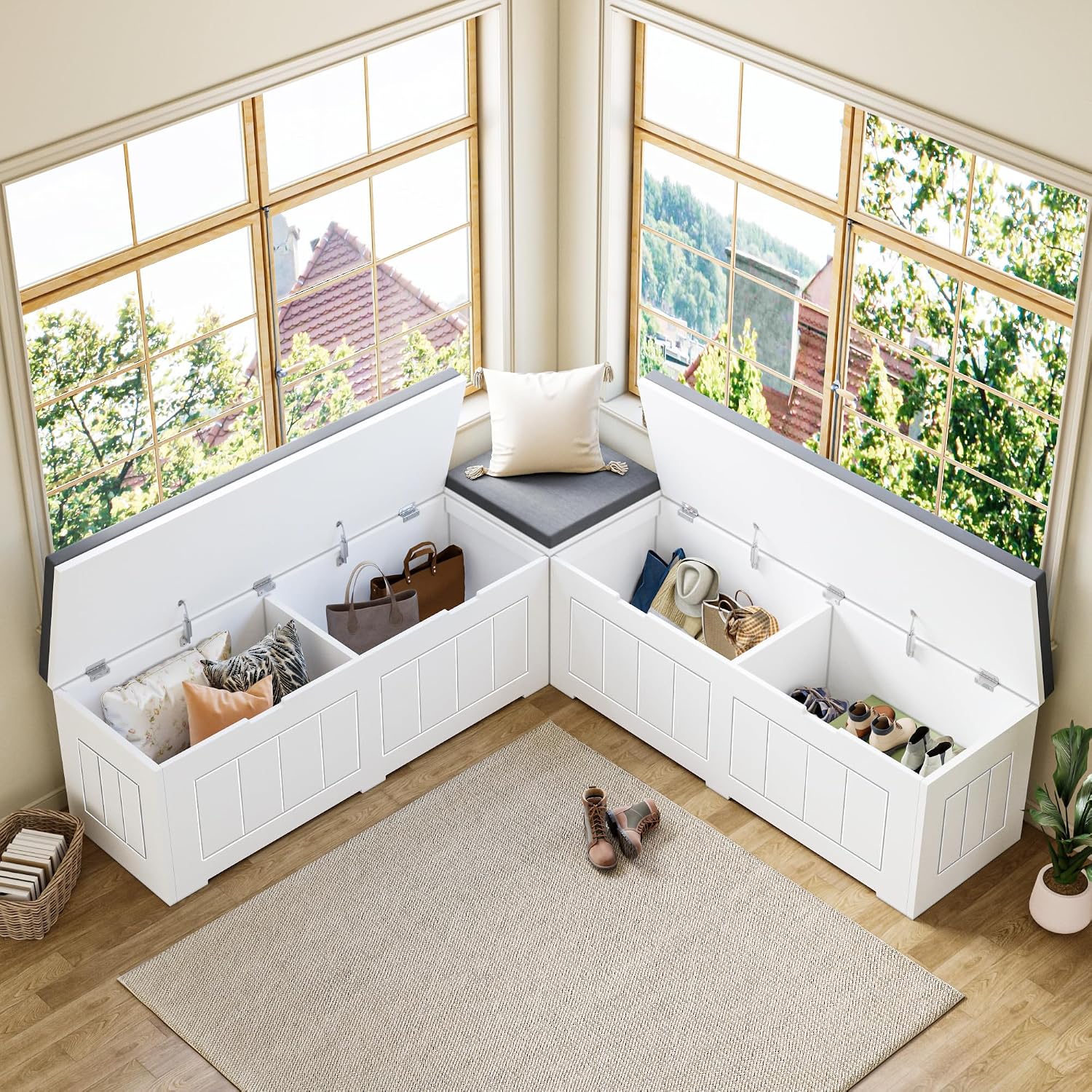 White Grey Flip-Top L-Shaped Storage Nook Bench