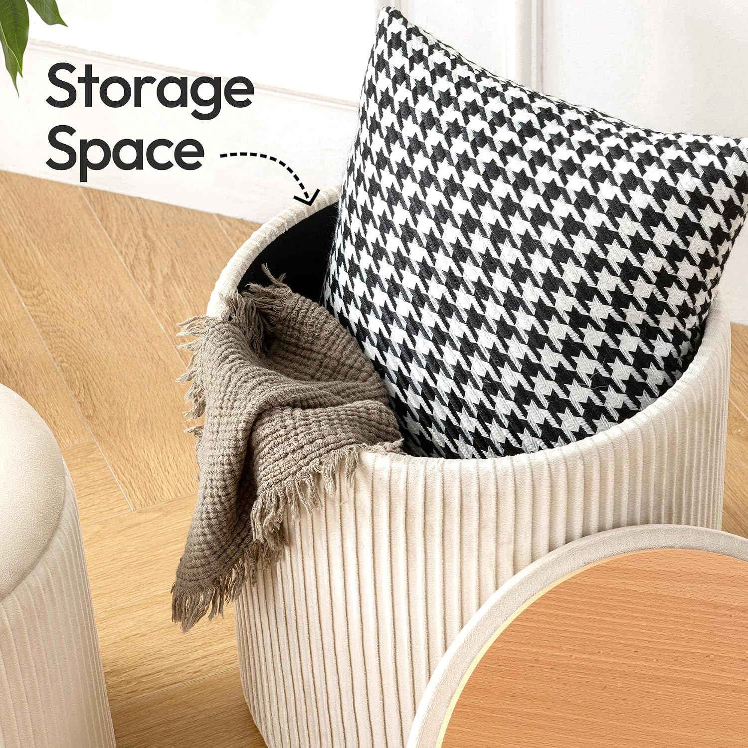 Beige Velvet 2-Pack Round Storage Ottomans
